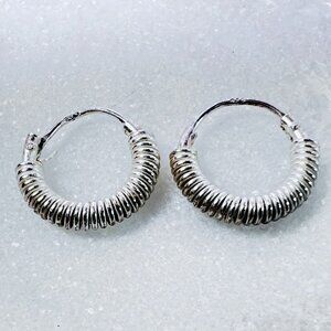 Sterling Silver 925 Huggie Spiral Wire Wrap Hoop Earrings 0.75" Diameter Bali